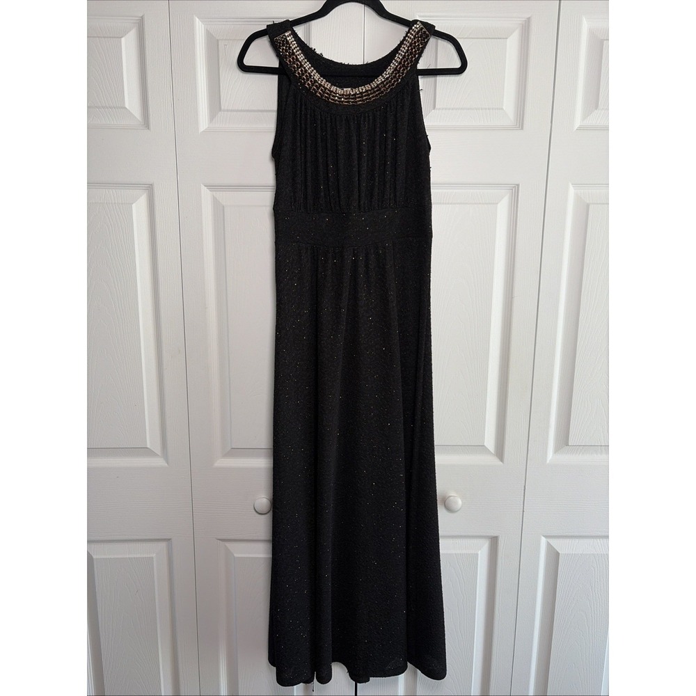 Haani Jeweled Neckline Maxi Dress Womens Size M Black Gold Glitter‎ Formal Knit